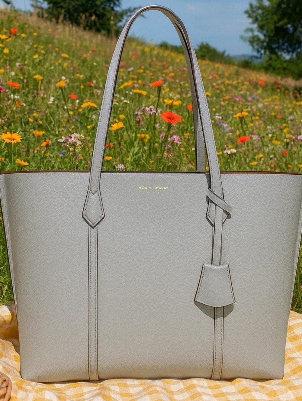 Tory Burch Perry Mint Green Leather Tote with Tan Interior and Gold Zipper